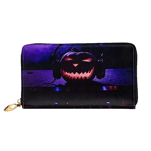 BAFAFA Halloween-Kürbis mit Kopfhörern, bedruckte Ledergeldbörse, Damengeldbörse, Reißverschluss, Geldbörse, Kartenhalter, Handy-Clutch, schwarz, Einheitsgröße, klassisch, Schwarz , Einheitsgröße, von BAFAFA