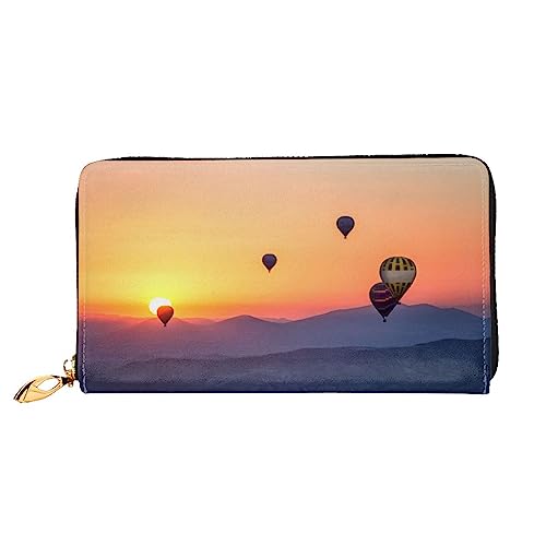 BAFAFA Heißluftballon Sonnenuntergang Bedruckte Ledergeldbörse Damen Geldbörse Reißverschluss Geldbörse Handgelenktasche Kartenhalter Damen Handy Clutch, Schwarz, Einheitsgröße, klassisch, Schwarz , von BAFAFA