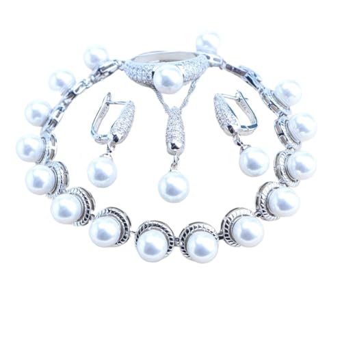 BAFAFA Hochzeit 925 Sterling Silber Schmuck Sets Perlen Frauen Schmuck Natürliche Weiß CZ Ringe Armbänder Ohrringe Anhänger Halskette Set (Color : 4PCS-White-01, Size : 7) von BAFAFA