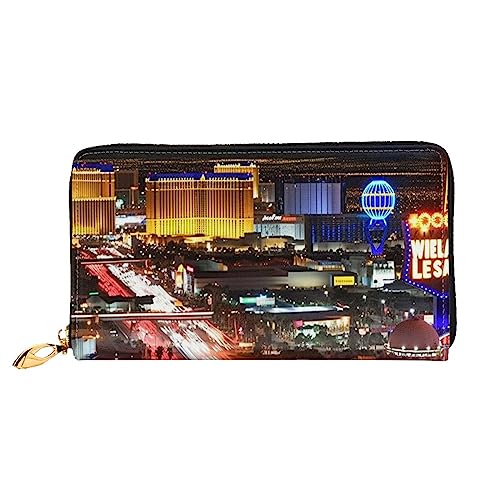 BAFAFA Las Vegas Night City Bedruckte Ledergeldbörse Damen Geldbörse Reißverschluss Geldbörse Wristlet Brieftasche Kartenhalter Damen Handy Clutch, Schwarz , Einheitsgröße, Klassisch von BAFAFA