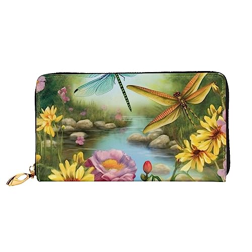 BAFAFA Libelle Garden Frühling bedruckte Ledergeldbörse Damen Geldbörse Reißverschluss Geldbörse Handgelenktasche Kartenhalter Damen Handy Clutch, schwarz, Einheitsgröße, klassisch, Schwarz , von BAFAFA