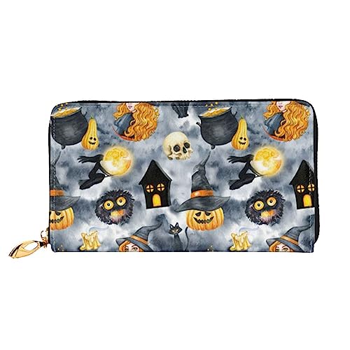 BAFAFA Lustiges Halloween-Dekor Hexe bedruckte Ledergeldbörse Damen Geldbörse Reißverschluss Geldbörse Handgelenktasche Kartenhalter Damen Handy Clutch, schwarz, Einheitsgröße, klassisch, Schwarz , von BAFAFA