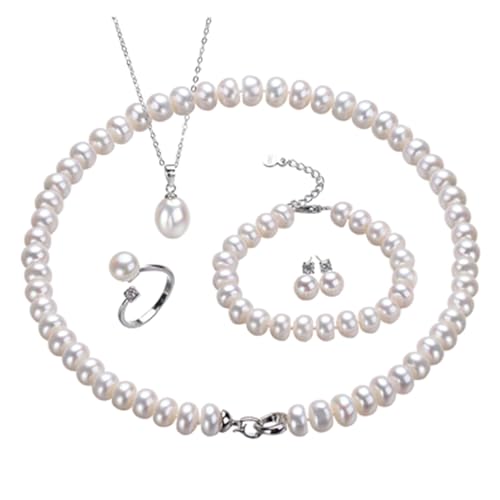 BAFAFA Mode Hochzeit Perlen Schmuck Set Natürliche Süßwasser Perle Halskette Ohrringe 925 Sterling Silber Schmuck Set (Color : Pearl size 8-9mm) von BAFAFA
