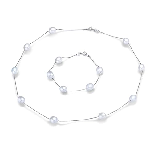 BAFAFA Natürliche Perle Halskette/Armband Schmuck Sets 925 Sterling Silber Kette Mit Süßwasser Perle Schmuck for Frauen (Color : White, Size : Pearl Size 8-9mm) von BAFAFA