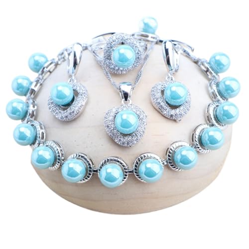 BAFAFA Natürliche Perlen Schmuck Sets 925 Silber Braut Ohrringe Armbänder Ringe Anhänger Hochzeit Halskette Set Zirkon Schmuck for Frauen (Color : 4PCS-Light Blue, Size : 10) von BAFAFA