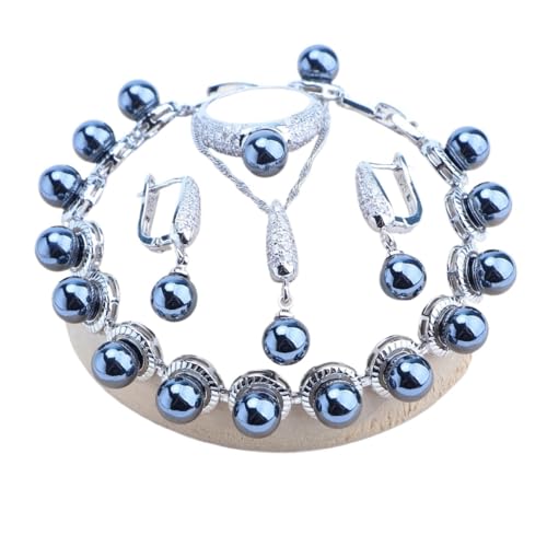 BAFAFA Natürliche Perlen Schmuck Sets Hochzeit 925 Sterling Silber CZ Ring Ohrringe Anhänger Halskette Armbänder Frauen Set Braut Schmuck (Color : 4PCS-Black, Size : 10) von BAFAFA