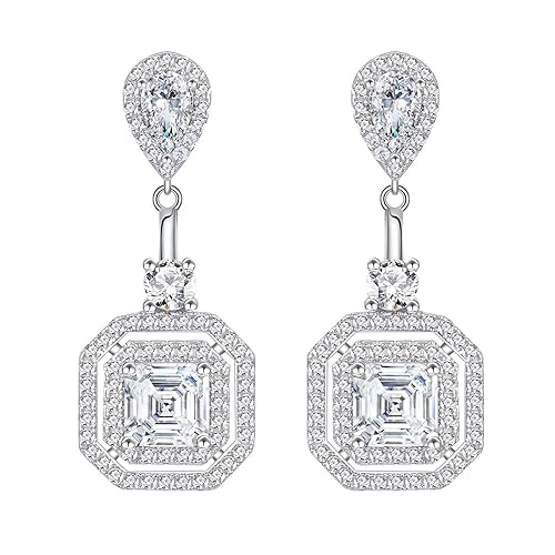 BAFAFA Ohrhänger aus massivem 925er-Sterlingsilber mit weißem Saphir im Asscher-Schliff, Achat von BAFAFA