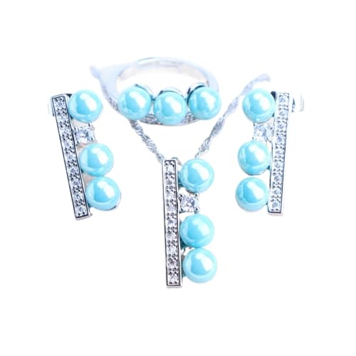 BAFAFA Perlen 925 Silber Damen Schmucksets Brautschmuck Weißer Zirkon Ohrringe Ringe Armbänder Anhänger Hochzeit Halskette Set (Color : 3PCS-Blue Pearls, Size : Resizable) von BAFAFA