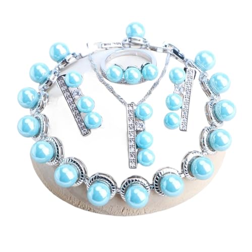 BAFAFA Perlen 925 Silber Damen Schmucksets Brautschmuck Weißer Zirkon Ohrringe Ringe Armbänder Anhänger Hochzeit Halskette Set (Color : 4PCS-Blue Pearls, Size : Resizable) von BAFAFA