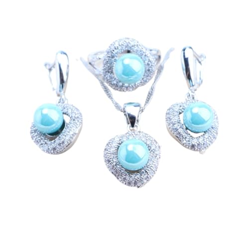 BAFAFA Perlen 925 Sterling Silber Schmucksets Brautarmbänder Ringe Ohrringe Anhänger Hochzeit Halskette Schmuck Zirkon Set for Frauen (Color : 3PCS-Light Blue, Size : 10) von BAFAFA
