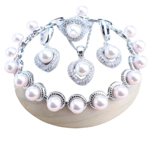 BAFAFA Perlen 925 Sterling Silber Schmucksets Brautarmbänder Ringe Ohrringe Anhänger Hochzeit Halskette Schmuck Zirkon Set for Frauen (Color : 4PCS-Natural, Size : 9) von BAFAFA