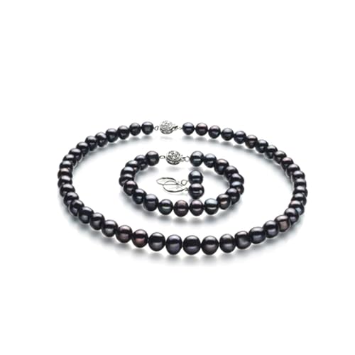 BAFAFA Perlenschmuck-Sets, Süßwasser-Halskette, Armband, Ohrringe, Set for Frauen, 9–10 mm, schwarze weiße Perle (Color : White, Size : 23 inch 8inch) von BAFAFA