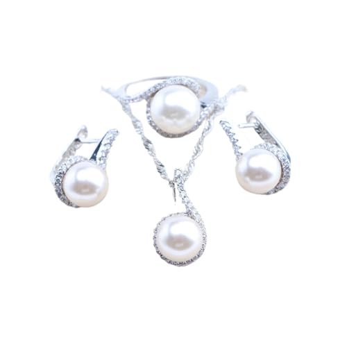 BAFAFA Perlenschmuck-Sets aus 925er-Sterlingsilber mit weißen Zirkonen, Ringen, Armbändern, Ohrringen, Anhängern und Halsketten-Set for Frauen (Color : 3PCS-Natural, Size : 7) von BAFAFA