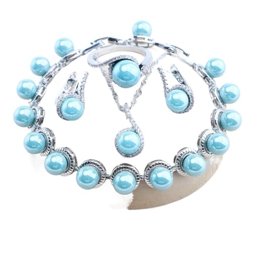 BAFAFA Perlenschmuck-Sets aus 925er-Sterlingsilber mit weißen Zirkonen, Ringen, Armbändern, Ohrringen, Anhängern und Halsketten-Set for Frauen (Color : 4PCS-Blue, Size : 8) von BAFAFA