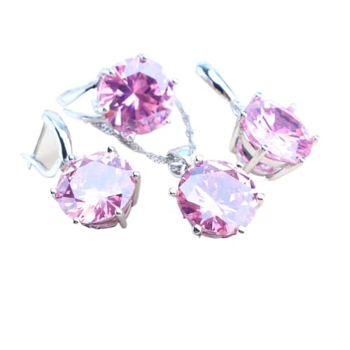 BAFAFA Rosa Zirkon Brautschmuck Sets Schmuck 925 Sterling Silber Ringe Anhänger Hochzeit Halskette Armbänder Ohrringe Set for Frauen (Color : 3PCS-Pink, Size : 7) von BAFAFA