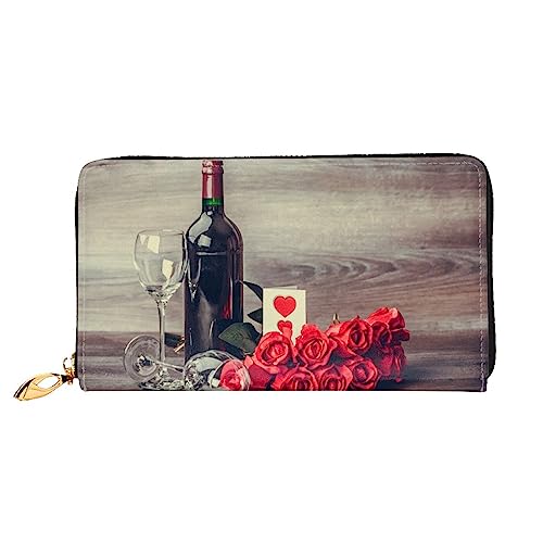 BAFAFA Rotweinrose, bedruckte Ledergeldbörse für Damen, Geldbörse, Reißverschluss, Handgelenktasche, Kartenhalter, Handy-Clutch, Schwarz, Einheitsgröße, klassisch, Schwarz , Einheitsgröße, Klassisch von BAFAFA