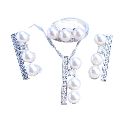 BAFAFA Silber 925 Feine Perlen Schmuck Sets Weiß Zirkon Ohrringe Ringe Hochzeit Braut for Frauen Schmuck Halskette Set Armbänder Anhänger (Color : 3PCS-Natural Pearls, Size : Resizable) von BAFAFA