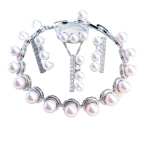 BAFAFA Silber 925 Feine Perlen Schmuck Sets Weiß Zirkon Ohrringe Ringe Hochzeit Braut for Frauen Schmuck Halskette Set Armbänder Anhänger (Color : 4PCS-Natural Pearls, Size : Resizable) von BAFAFA