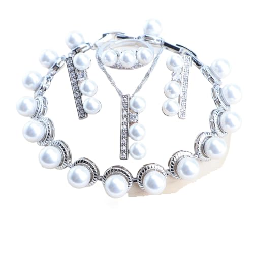 BAFAFA Silber 925 Feine Perlen Schmuck Sets Weiß Zirkon Ohrringe Ringe Hochzeit Braut for Frauen Schmuck Halskette Set Armbänder Anhänger (Color : 4PCS-White Pearls, Size : Resizable) von BAFAFA