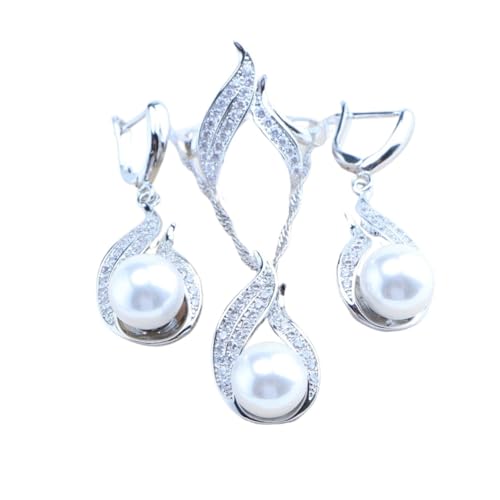 BAFAFA Silber 925 Perlenschmuck-Sets Braut Hochzeit Weißer Zirkon Ringe Ohrringe Anhänger Halskette Armbänder Set (Color : 3PCS-White, Size : 9) von BAFAFA