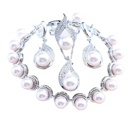 BAFAFA Silber 925 Perlenschmuck-Sets Braut Hochzeit Weißer Zirkon Ringe Ohrringe Anhänger Halskette Armbänder Set (Color : 4PCS-Natural, Size : 10) von BAFAFA