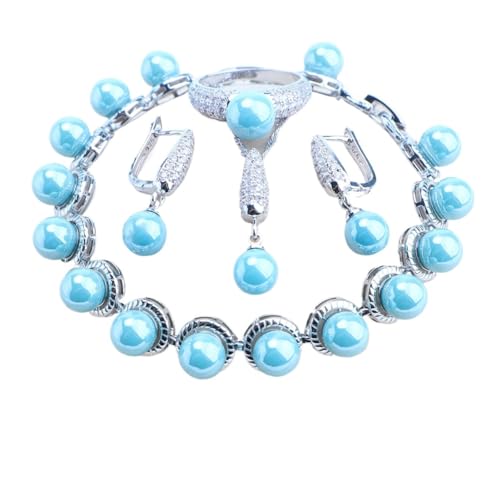 BAFAFA Silber 925 Schmucksets Hochzeit Natürlicher Zirkon Ring Ohrringe Anhänger Halskette Set Armbänder Frauen Brautschmuck (Color : 4PCS-Light Blue, Size : 8) von BAFAFA