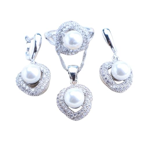 BAFAFA Weiße Perlen Silber 925 Schmucksets for Frauen Braut Ohrringe Armbänder Ringe Anhänger Hochzeit Set Halskette Zirkonia Schmuck (Color : 3PCS-White, Size : 9) von BAFAFA