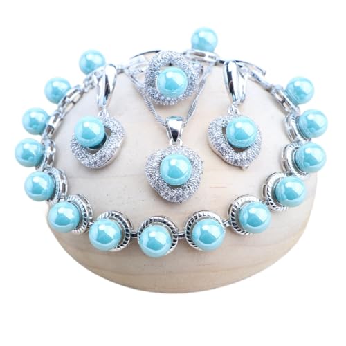 BAFAFA Weiße Perlen Silber 925 Schmucksets for Frauen Braut Ohrringe Armbänder Ringe Anhänger Hochzeit Set Halskette Zirkonia Schmuck (Color : 4PCS-Light Blue, Size : 7) von BAFAFA