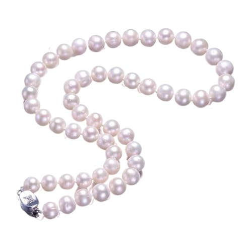 BAFAFA Weiße echte natürliche fast runde Perlenschmuck Damen Halskette 925 Sterling Silber Schmetterlingsschnalle 8-9mm 45cm Feine Perlen Schmuck von BAFAFA