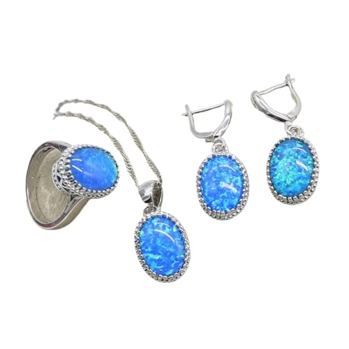 BAFAFA Weißer Opal-Silberschmuck-Set for Damen, luxuriöses 925er-Sterlingsilber-Ring-Ohrring-Anhänger-Set (Color : Blue Opal, Size : 7) von BAFAFA