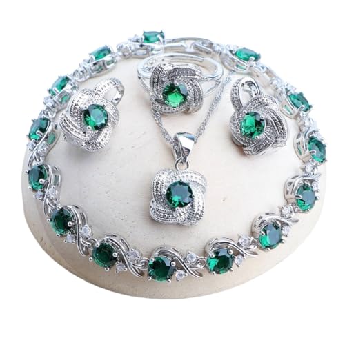 BAFAFA Zirkonia Damen Schmucksets 925 Sterling Silber Hochzeit Braut Kostümschmuck Ohrringe Ringe Armbänder Anhänger Halskette (Color : 4PCS-Green, Size : Resizable) von BAFAFA