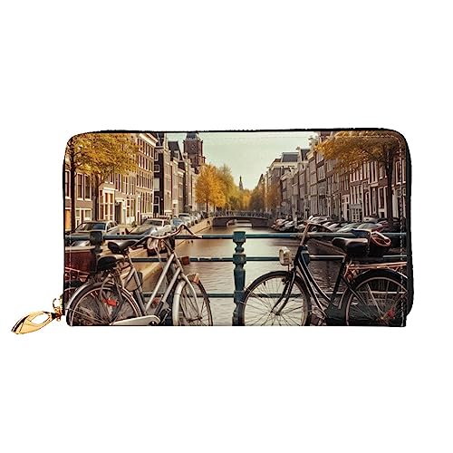 Bicycles in Amsterdam Bedruckte Ledergeldbörse Damen Geldbörse Reißverschluss Geldbörse Handgelenktasche Kartenhalter Damen Handy Clutch, Schwarz, Einheitsgröße, klassisch, Schwarz , Einheitsgröße, von BAFAFA