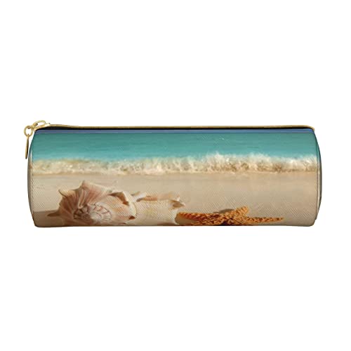 Federmäppchen mit Schaf- und Lämmer-Motiv, bedrucktes Leder, Stifteetui, Kosmetiktasche, Make-up-Tasche, Büro-Aufbewahrungstasche für Männer und Frauen, Muscheln Seestern am Strand, Einheitsgröße von BAFAFA