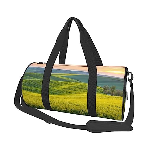 Frühlingsfrische Landschaft mit bunten Feldern, bedruckt, runde Reisetasche, Turnbeutel, Fitness-Tasche, Trainings-Handtasche, Schwarz, Einheitsgröße, Schwarz , Einheitsgröße von BAFAFA