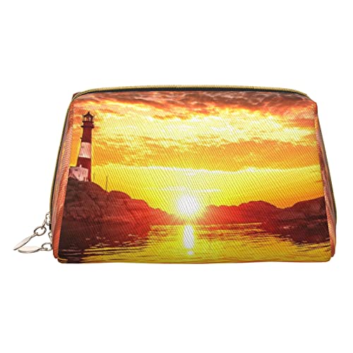 Kosmetiktasche mit Leuchtturm im Sonnenuntergang, bedruckt, Reise-Make-up-Organizer, Kosmetikpinseltasche, Leder-Make-up-Tasche, Reißverschluss-Tasche, Kulturbeutel für Damen, weiß, Einheitsgröße, von BAFAFA