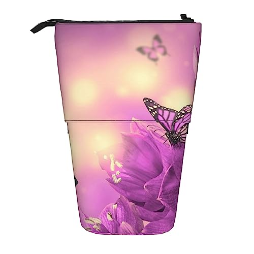 Lila Blume Schmetterling gedruckt Bleistift Fall Stift Tasche Teleskop Beutel Tasche Stehender Bleistifthalter Make-up Tasche Kosmetik Organizer Tasche Box Unisex, Schwarz , Einheitsgröße, Reisen von BAFAFA