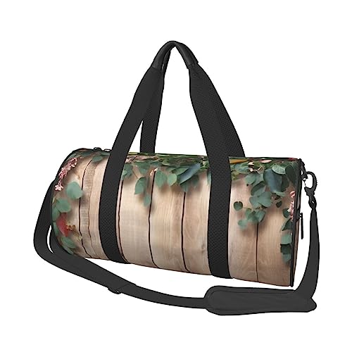 Reisetasche mit Blättern und Blumenmuster auf rustikalem Holz, bedruckt, rund, Rolltasche, Turnbeutel, Fitnesstasche, Trainingshandtasche, Schwarz, Einheitsgröße, Schwarz , Einheitsgröße von BAFAFA