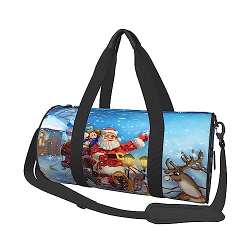 Reisetasche mit Weihnachtsmann im Schlitten, Rentier, Schnee, bedruckt, rund, Rolltasche, Turnbeutel, Fitnesstasche, Trainingshandtasche, Schwarz, Einheitsgröße, Schwarz , Einheitsgröße von BAFAFA