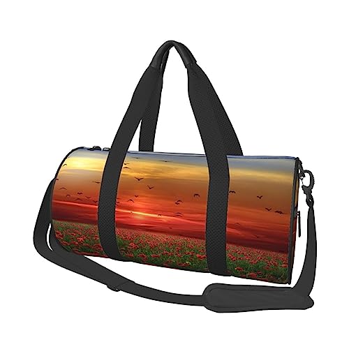 Rote Mohnblumenfeld im Sonnenuntergang bedruckte runde Reisetasche, runde Rolltasche, Turnbeutel, Fitnesstasche, Trainingshandtasche, Schwarz, Einheitsgröße, Schwarz , Einheitsgröße von BAFAFA