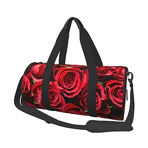 Rote Rose bedruckte runde Reisetasche, runde Rolltasche, Turnbeutel, Fitnesstasche, Trainings-Handtasche, Schwarz, Einheitsgröße, Schwarz , Einheitsgröße von BAFAFA