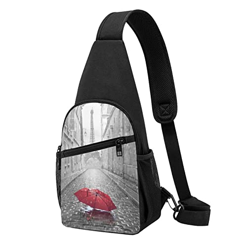 Roter Regenschirm im Regen, Eiffelturm, bedruckte Brusttasche, Umhängetasche, Brusttasche, Reisen, Wandern, Tagesrucksack, Schwarz , Einheitsgröße von BAFAFA