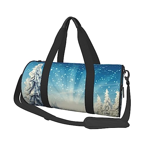 Snow Wonderland Pine Tree Christmas Printed Round Duffel Travel Bag Round Roll Bag Gym Fitness Bag Training Handtasche, Schwarz, Einheitsgröße, Schwarz , Einheitsgröße von BAFAFA