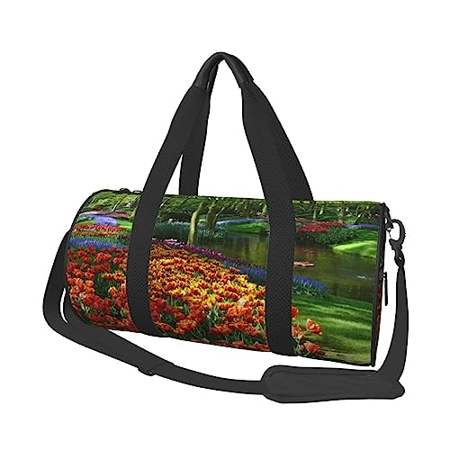 Spring Tulip Garden bedruckte runde Reisetasche, rund, Rolltasche, Turnbeutel, Trainings-Handtasche, Schwarz, Einheitsgröße, Schwarz , Einheitsgröße von BAFAFA