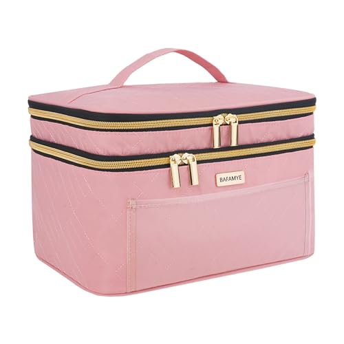 BAFAMYE Make-up-Tasche, doppellagig, Reise-Organizer für Damen, große Make-up-Tasche mit Fächern, tragbare Make-up-Tasche, Pink, Reisen von BAFAMYE