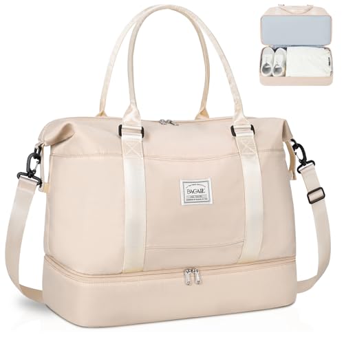 BAGAIL Reisetasche, Wochenendtasche für Damen mit Schuhfach, für Übernachtung, Fitnessstudio, Tragetasche mit Nassfach, Krankenhaus-Muttertasche für Arbeit und Lieferung, Beige, Reisetasche von BAGAIL