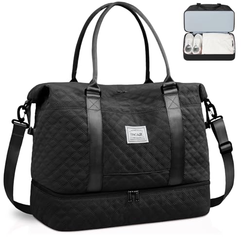 BAGAIL Reisetasche, Wochenendtasche für Damen mit Schuhfach, für Übernachtung, Fitnessstudio, Tragetasche mit Nassfach, Krankenhaus-Muttertasche für Arbeit und Lieferung, Grid-Schwarz, Reisetasche von BAGAIL