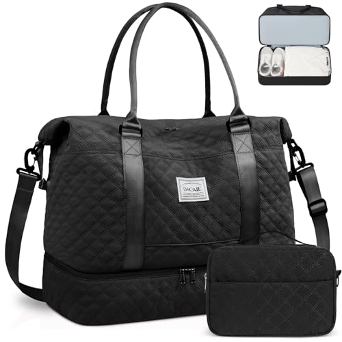 BAGAIL Reisetasche, Wochenendtasche für Damen, Übernachtung, Fitnessstudio, Tragetasche mit Nasstasche, Krankenhaus-Muttertasche für Arbeit und Lieferung, A-Grid-Schwarz, Extra Large Set, Reisetasche von BAGAIL