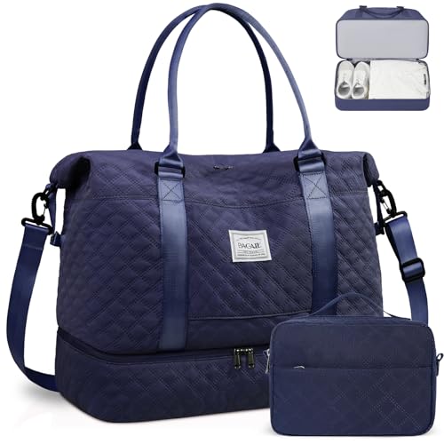 BAGAIL Reisetasche, Wochenendtasche für Damen mit Schuhfach, für Übernachtung, Fitnessstudio, Tragetasche mit Nassfach, Krankenhaus-Muttertasche für Arbeit und Lieferung, S-Grid-NavyBlue, 2 Stück von BAGAIL