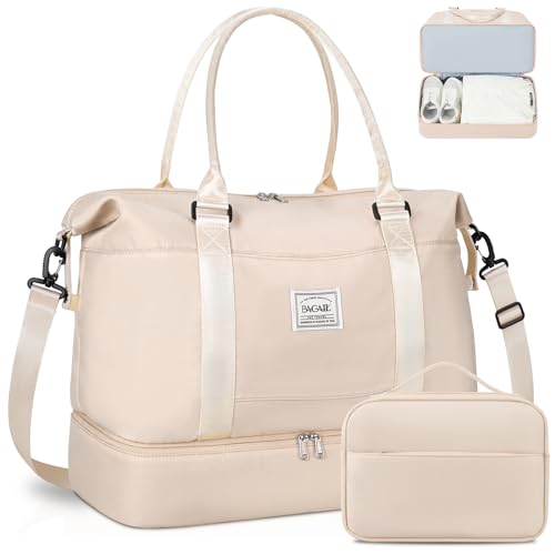 BAGAIL Reisetasche, Wochenendtasche für Damen, Übernachtung, Fitnessstudio, Tragetasche mit Nasstasche, Krankenhaus-Muttertasche für Arbeit und Lieferung, A-beige, Extra Large Set, Reisetasche mit von BAGAIL