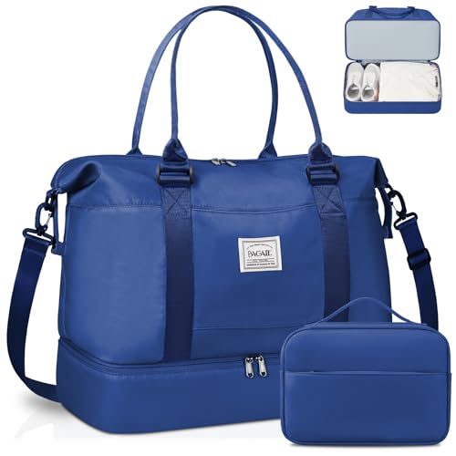 BAGAIL Reisetasche, Wochenendtasche für Damen mit Schuhfach, für Übernachtung, Fitnessstudio, Tragetasche mit Nassfach, Krankenhaus-Muttertasche für Arbeit und Lieferung, S-marineblau, 2 Stück von BAGAIL